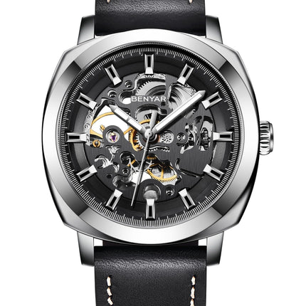 BENYAR Automatic Mechanical Skeleton Leather Strap Men's Watch