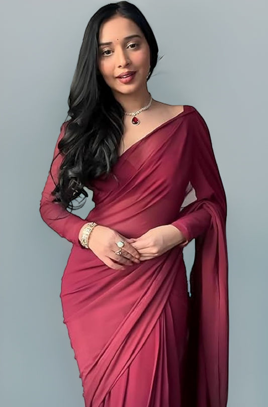 SATAZ Women's Ready to Wear Plain Maroon Georgette 1 Minute Pre Pleated Saree with Unstiched Blouse