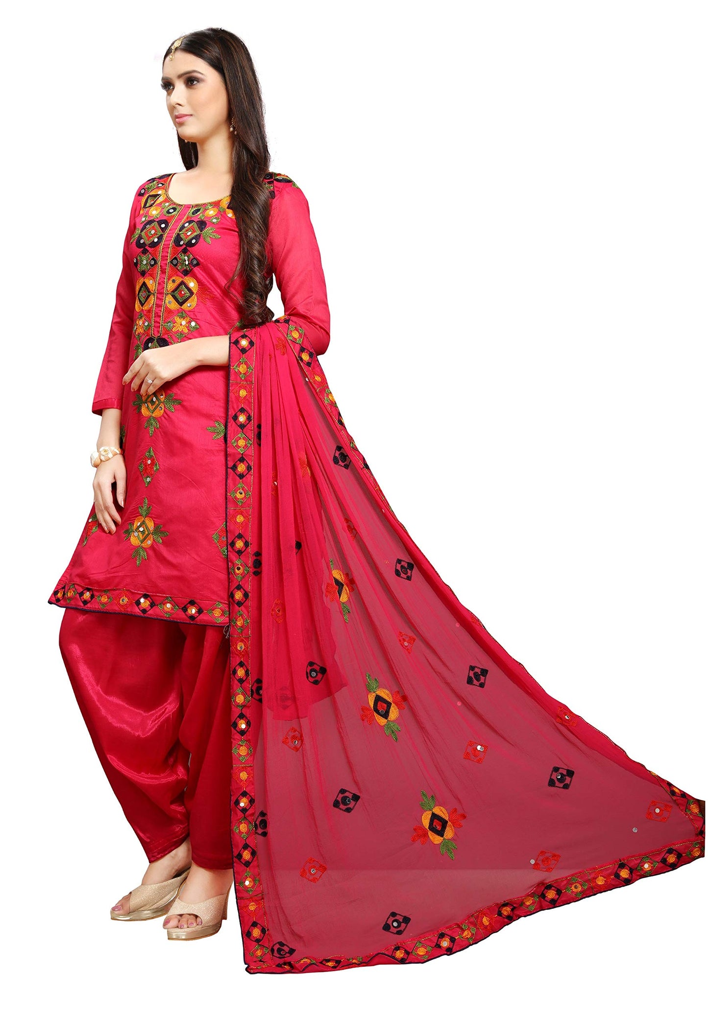 EthnicJunction Women's Chanderi Cotton Embroidered And Mirror Work Unstitched Salwar Suit Material