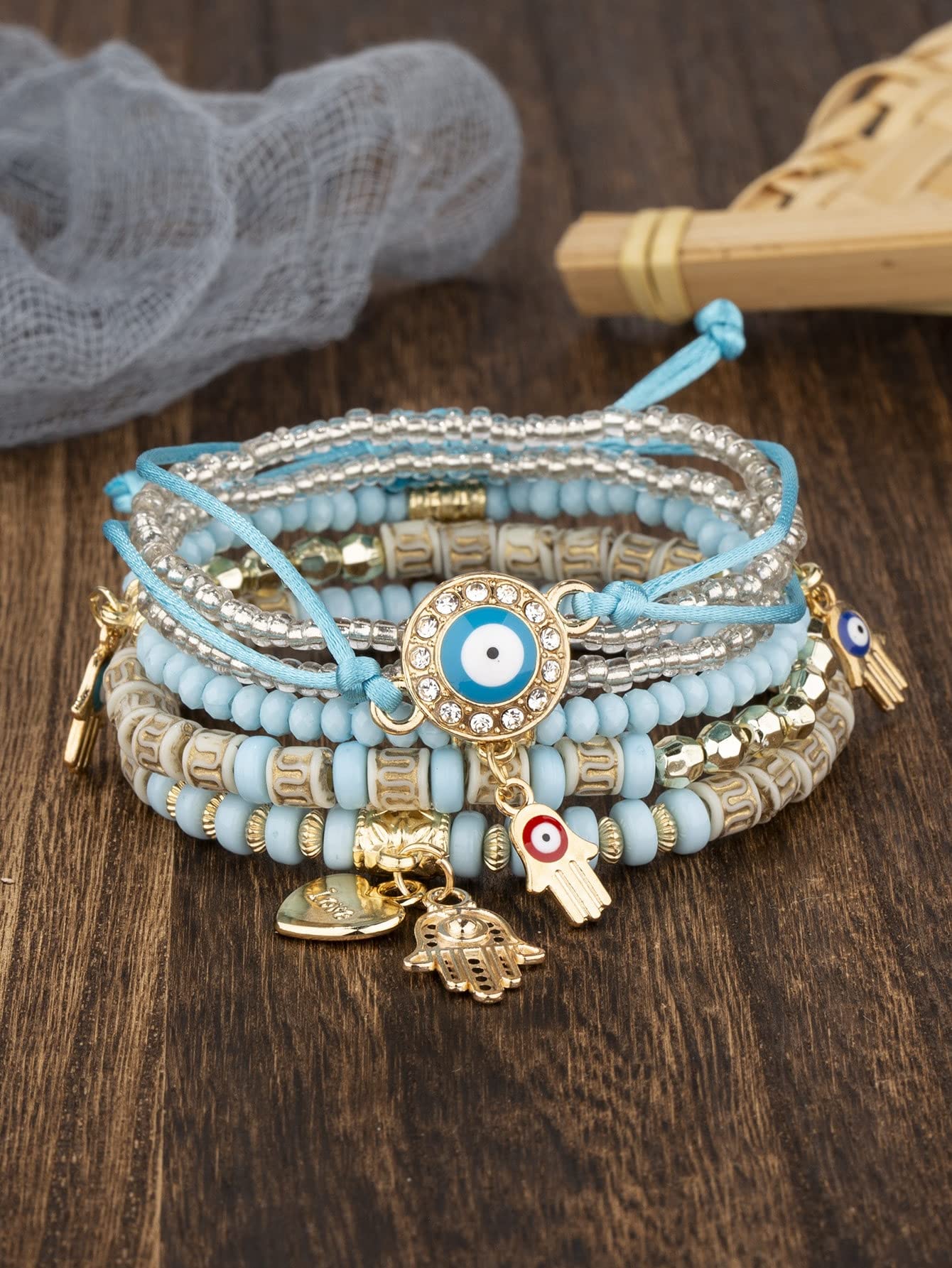 Shining Diva Fashion Bohemian Stackable Multilayer Hamsa Hand Evil Eye Lucky Protection Bracelets Multicolor Crystal Charm Beaded Bracelet for Women Girls