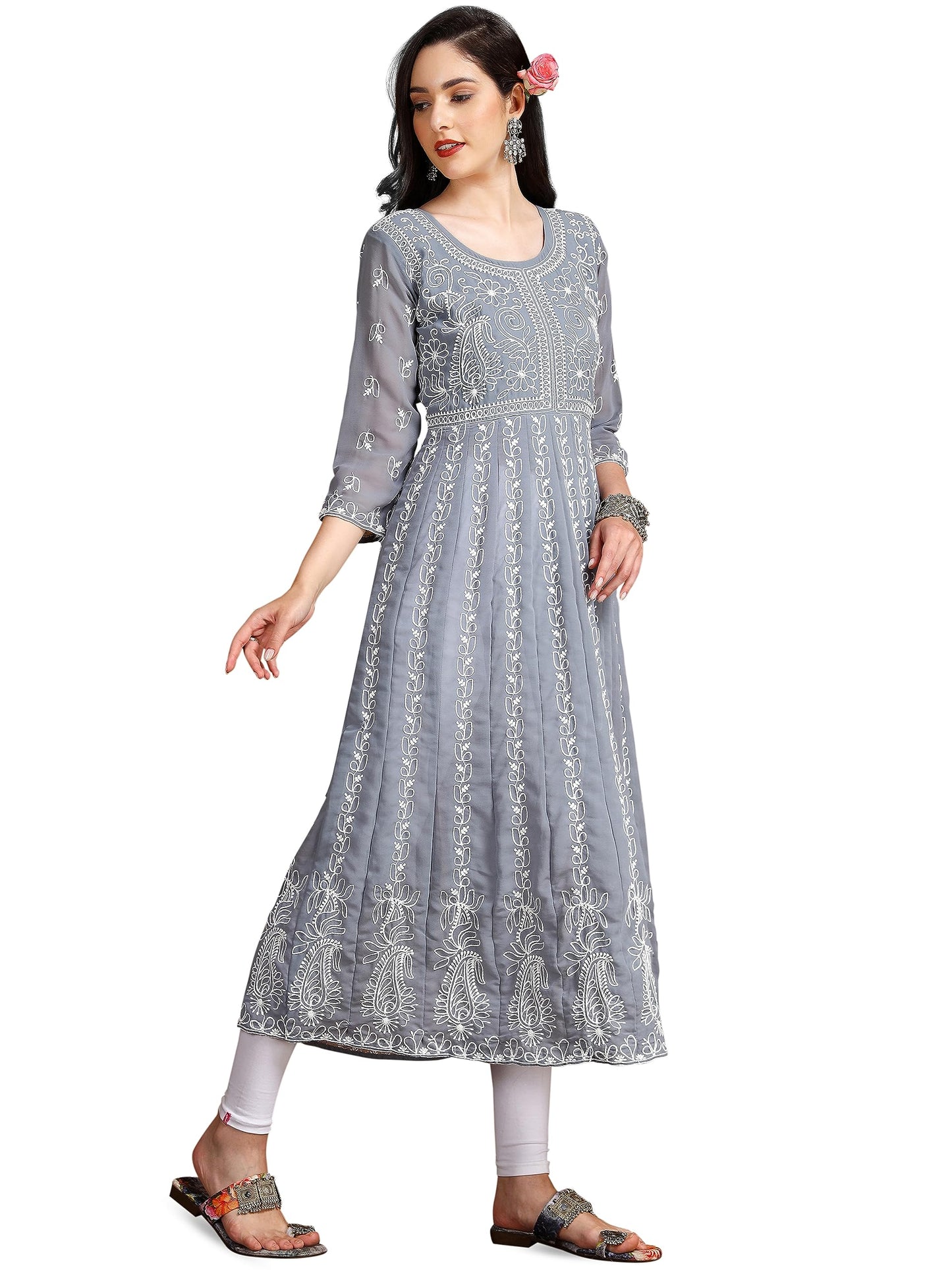 EthnicJunction Women's Lucknowi Chikankari Embroidered Thread Work Georgette Anarkali Kurta