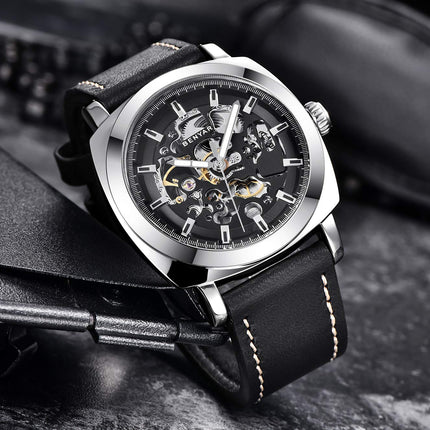 BENYAR Automatic Mechanical Skeleton Leather Strap Men's Watch