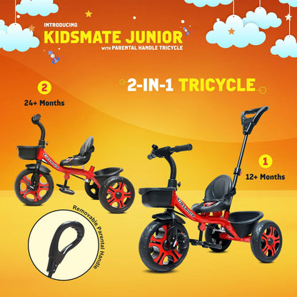 Kidsmate Junior Tricycle for Kids with Parental Control | Cycle for Kids 1-4 Years | Baby Cycle | Bicycle for Kids with Storage Basket, Cushion Seat and Seat Belt Carrying Capacity 30 Kgs (Pink)