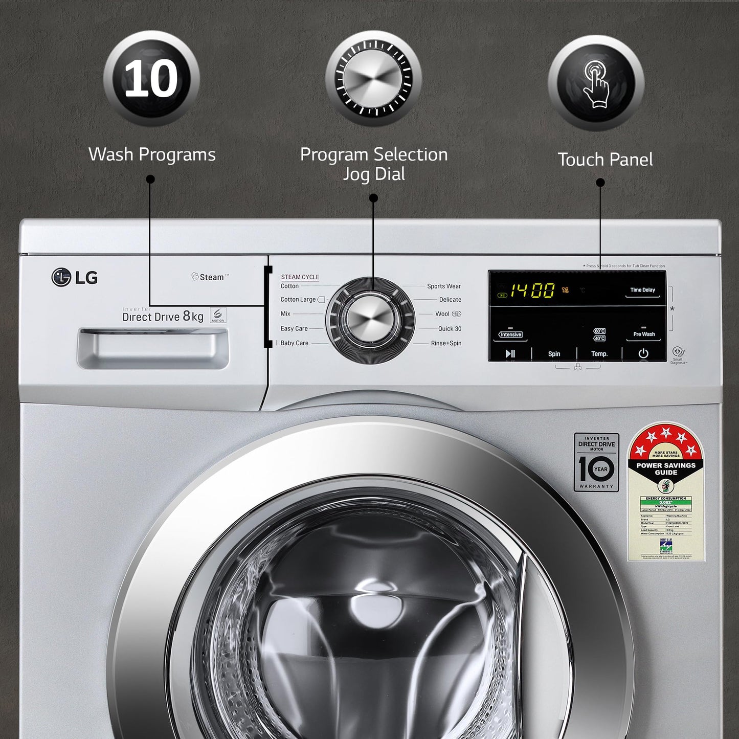 LG 6.5 Kg, 5 Star, Direct Drive Technology, Steam Wash, 6 motion DD, Smart Diagnosis, Fully Automatic Front Load Washing Machine (FHM1065SDW, Allergy Care, In-Built Heater, Touch Panel, White)