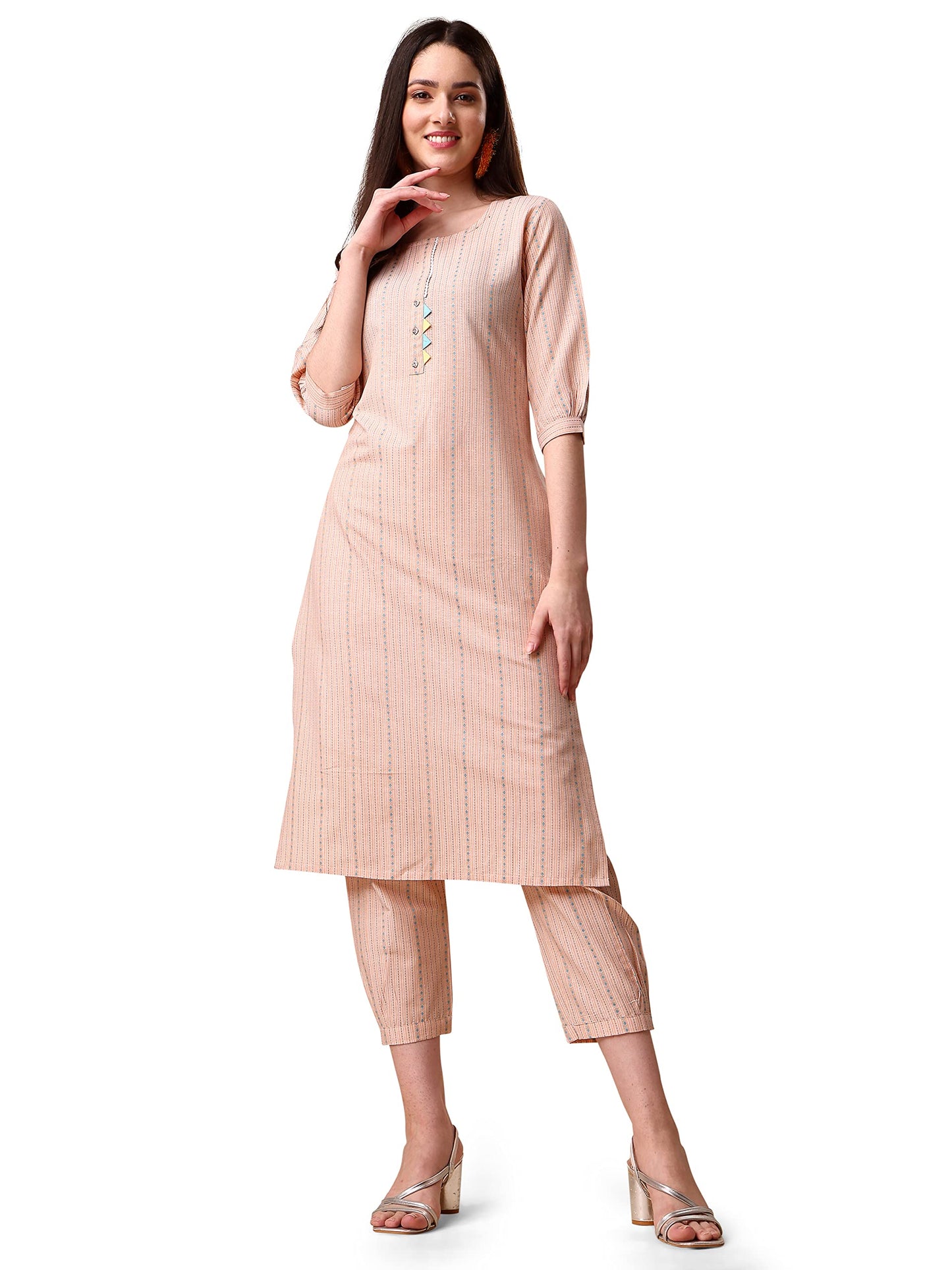 EthnicJunction Women's Rayon Woven Striped Work Straight Kurta With Pant