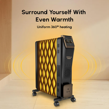 Havells 11 Fin Hestio Straight Fin OFR (Oil Filled Radiator)|Room Heater|2900 W|3 Heat Settings & PTC Fan Heater|Inclined Control Panel|Retractable Wheels| Comfortable Breathing|360° Heating (Black)