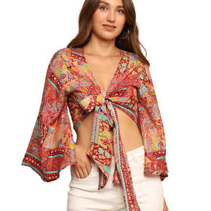 KE Kanha exportsWomen’s and Girls/Ladies Wrap Around Tops Beach wear Tunic Top V Neck Silk Casual Sleeve Printed Top Relaxed Fit Free Size