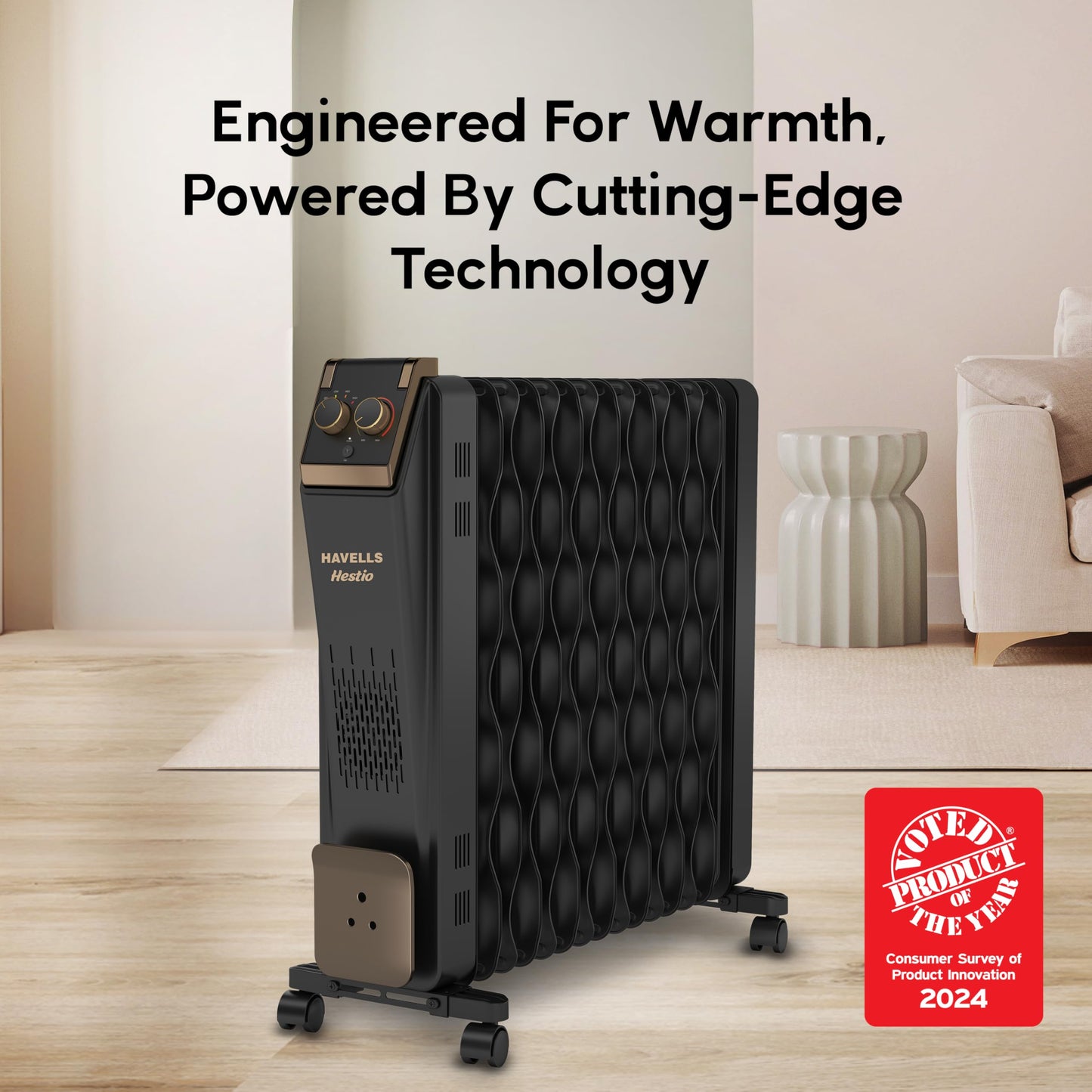 Havells Hestio 15 Straight Fin OFR (Oil Filled Radiator)|Room Heater|2900 W|3 Heat Settings & PTC Fan Heater|Inclined Control Panel|Retractable Wheels| Comfortable Breathing|360° Heating (Black)