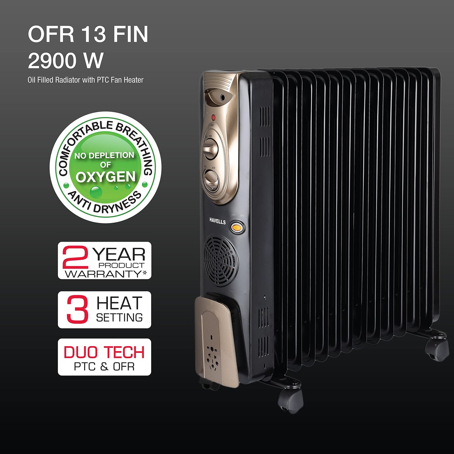 Havells 13 Fin Hestio Wave Fin OFR (Oil Filled Radiator)|Room Heater|2900 W|3 Heat Settings & PTC Fan Heater|Inclined Control Panel|Retractable Wheels| Comfortable Breathing|360° Heating (Black)