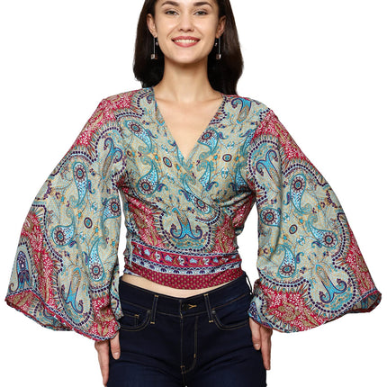 KE Kanha exportsWomen’s and Girls/Ladies Wrap Around Tops Beach wear Tunic Top V Neck Silk Casual Sleeve Printed Top Relaxed Fit Free Size