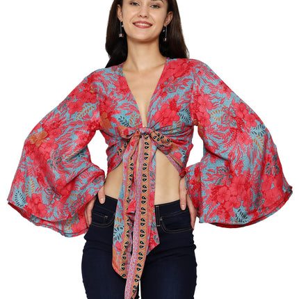 KE Kanha exportsWomen’s and Girls/Ladies Wrap Around Tops Beach wear Tunic Top V Neck Silk Casual Sleeve Printed Top Relaxed Fit Free Size