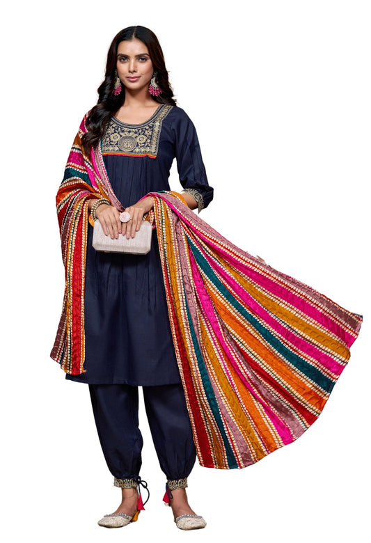 EthnicJunction Women's Cotton Blend Embroidery Kurta Salwar with Multicolor Dupatta