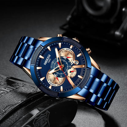 NIBOSI Stainless Steel Blue and Gold Fashion Chronograph Calendar Watch for Men