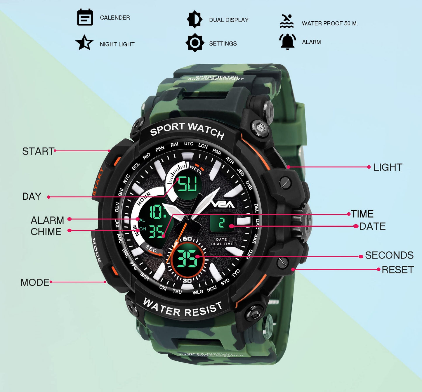 V2A Outdoor Sport Shockproof Led Analogue And Digital Waterproof Chronograph Watch For Men ( Multicolor )