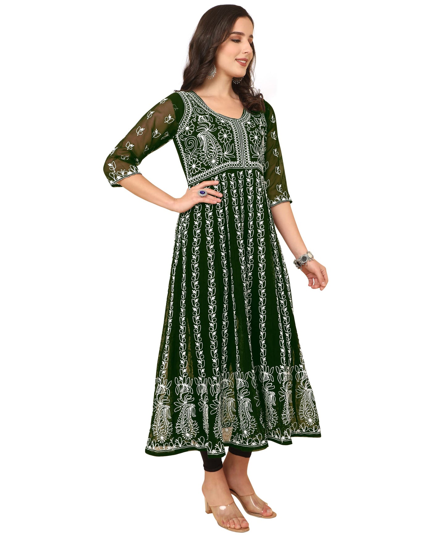 EthnicJunction Women's Lucknowi Chikankari Embroidered Thread Work Georgette Anarkali Kurta