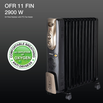 Havells 11 Fin Hestio Straight Fin OFR (Oil Filled Radiator)|Room Heater|2900 W|3 Heat Settings & PTC Fan Heater|Inclined Control Panel|Retractable Wheels| Comfortable Breathing|360° Heating (Black)