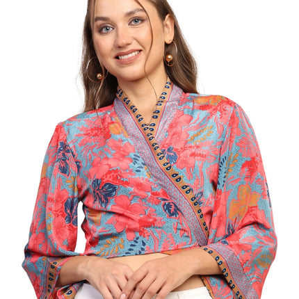 KE Kanha exportsWomen’s and Girls/Ladies Wrap Around Tops Beach wear Tunic Top V Neck Silk Casual Sleeve Printed Top Relaxed Fit Free Size