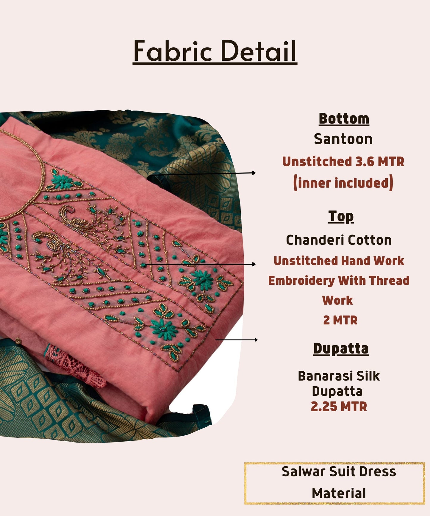 EthnicJunction Women's Chanderi Cotton Hand Embroidered Work Unstitched Salwar Suit Material With Banarasi Dupatta