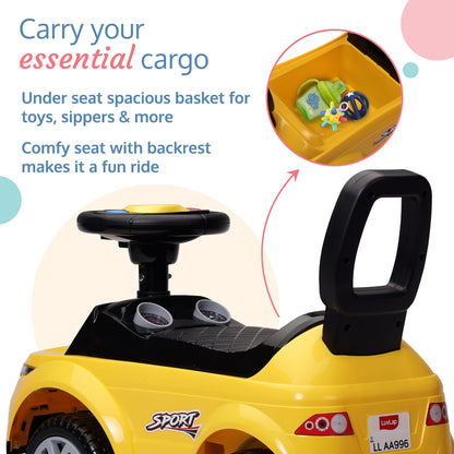 LuvLap Starlight Ride on & Car for Kids with Music & Horn Steering, Push Car for Baby with Backrest, Safety Guard, Under Seat Storage & Big Wheels, Ride on for Kids 1 to 3 Years Upto 25 Kgs (Orange)