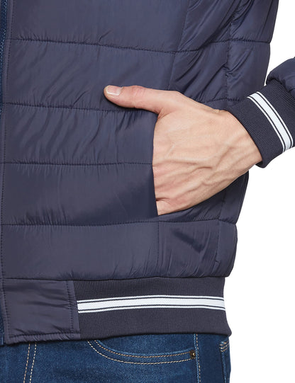 Men's Regular Fit Quilted Bomber Jacket with Detachable Hood - Winter Warm, Insulated Lining, Ribbed Cuffs, and Stylish Design