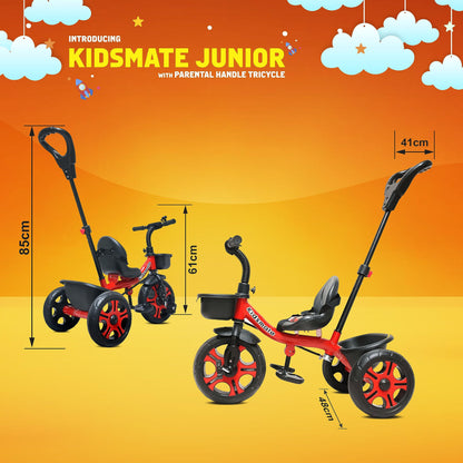 Kidsmate Junior Tricycle for Kids with Parental Control | Cycle for Kids 1-4 Years | Baby Cycle | Bicycle for Kids with Storage Basket, Cushion Seat and Seat Belt Carrying Capacity 30 Kgs (Pink)