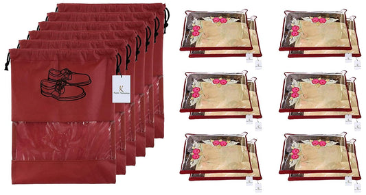 Kuber Industries Non Woven 12 Pieces Single Packing Saree Cover Set (Maroon)-KUBMART2822, standard & 6 Piece Non Woven Travel Shoe Cover, String Bag Organizer, Maroon -CTMTC039494