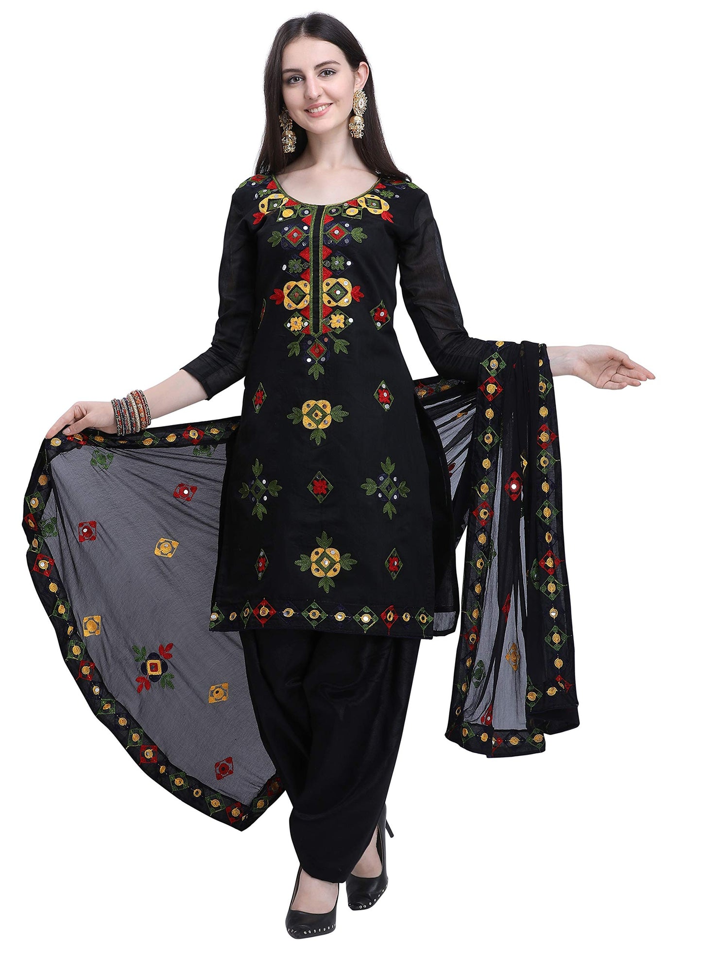 EthnicJunction Women's Chanderi Cotton Embroidered And Mirror Work Unstitched Salwar Suit Material