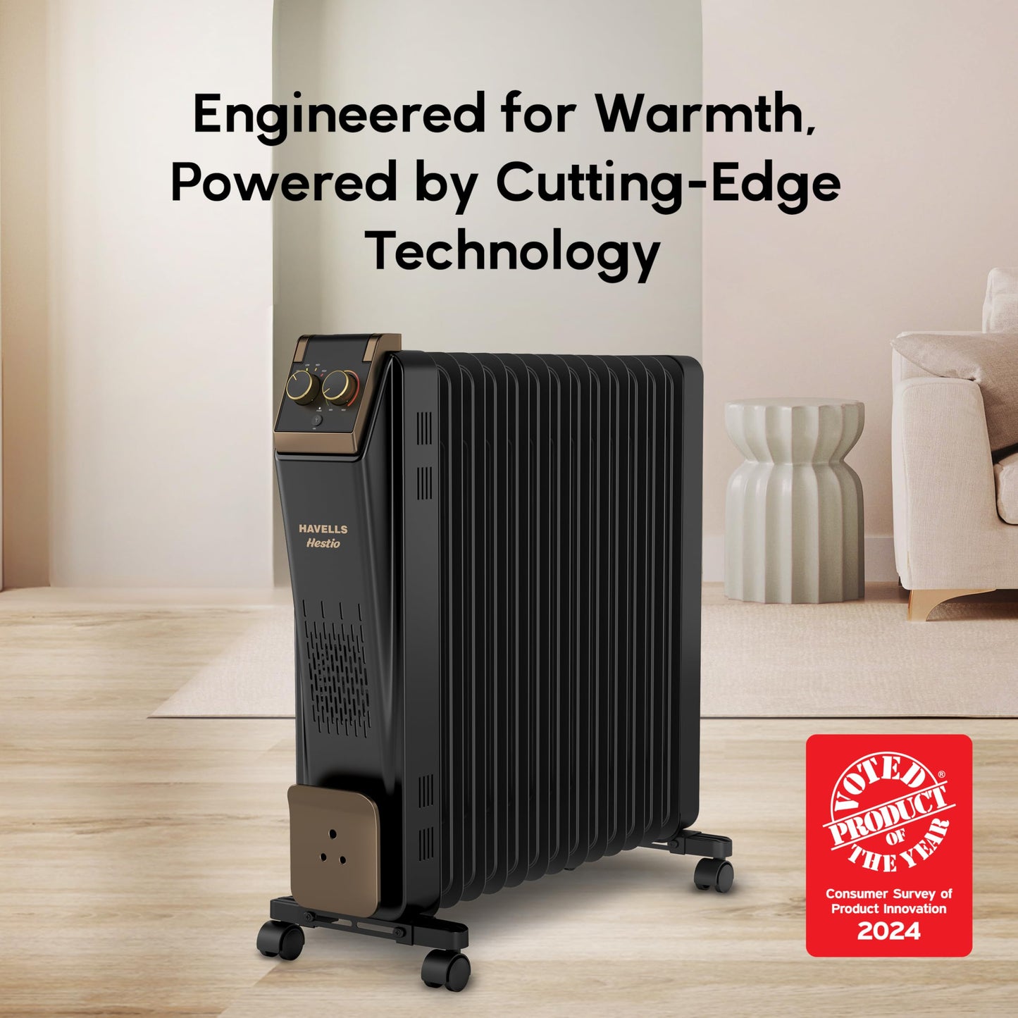 Havells 13 Fin Hestio Wave Fin OFR (Oil Filled Radiator)|Room Heater|2900 W|3 Heat Settings & PTC Fan Heater|Inclined Control Panel|Retractable Wheels| Comfortable Breathing|360° Heating (Black)