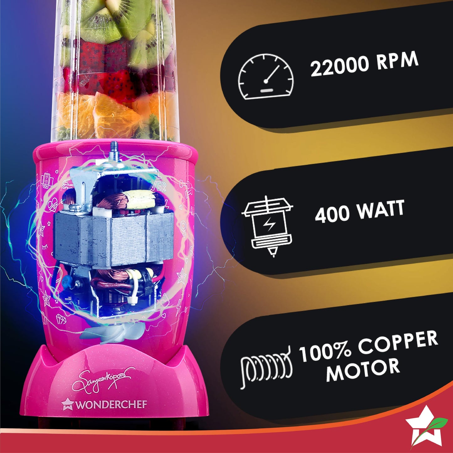 Wonderchef Nutri-blend Activ Mixer Grinder Blender, Smoothie Maker, 500W 22000 RPM 100% Full Copper Motor, 2 Unbreakable Jars, SS Blades, 2 Year Warranty, Recipe book by Chef Sanjeev Kapoor, Black