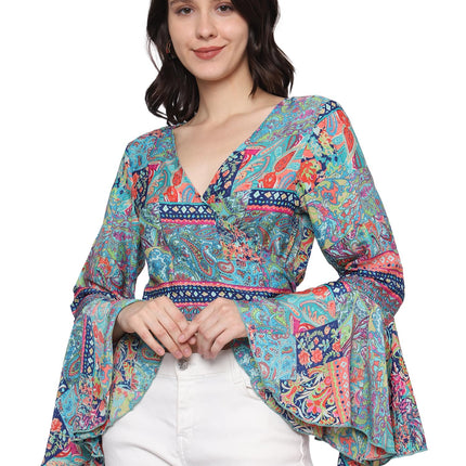 KE Kanha exportsWomen’s and Girls/Ladies Wrap Around Tops Beach wear Tunic Top V Neck Silk Casual Sleeve Printed Top Relaxed Fit Free Size