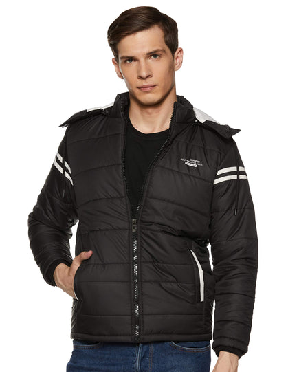 Men's Regular Fit Quilted Bomber Jacket with Detachable Hood - Winter Warm, Insulated Lining, Ribbed Cuffs, and Stylish Design