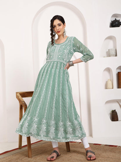 EthnicJunction Women's Lucknowi Chikankari Embroidered Thread Work Georgette Anarkali Kurta