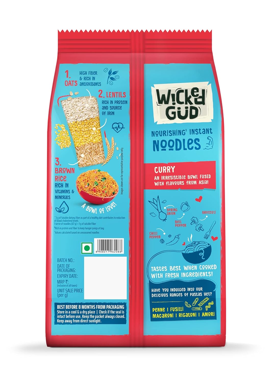 WickedGud Curry Nourishing Instant Noodles (201gm x 2) | Healthy Noodles | No Maida | No Oil | No MSG | High Protein | High Fibre | Cholesterol Free