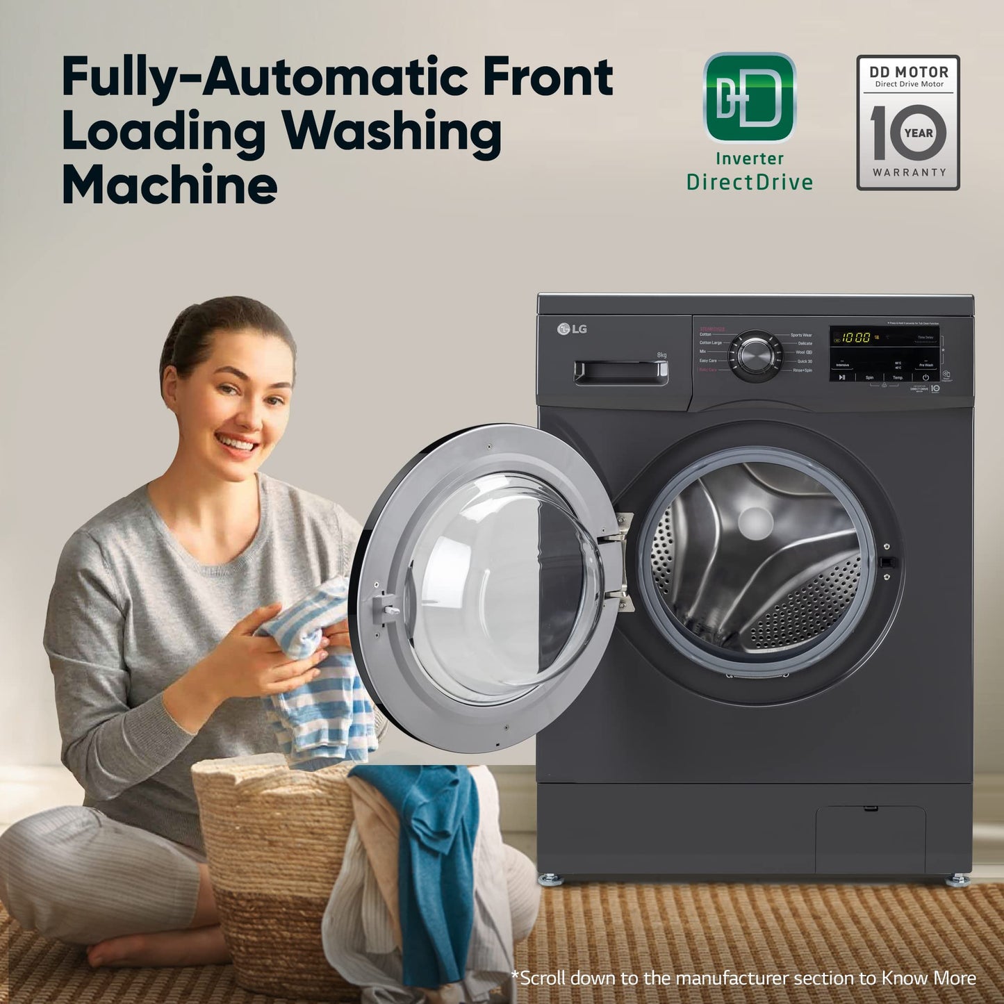 LG 7 Kg, 5 Star, Direct Drive Technology, Steam Wash, 6 Motion DD, Smart Diagnosis, Fully-Automatic Front Load Washing Machine (FHM1207SDM, Allergy Care, In-Built Heater, Touch Panel, Middle Black)