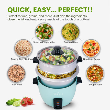 SOLARA 1Litre One Touch Rice Cooker, Automatic Electric Cooker with Food Steamer, Electric Rice Cooker and Grain Cooker, 400 Watts, Rice Cooker 1 Litre with Steam & Rinse Basket, Aqua 