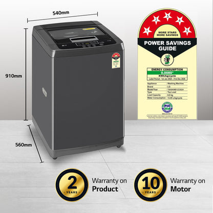 LG 8 Kg 5 Star Smart Inverter Technology Fully Automatic Top Load Washing Machine (2025 Model, T80VBMB4Z, Turbodrum, Auto Prewash, Stainless Steel drum, LED Display, Smart Diagnosis, Middle Black)