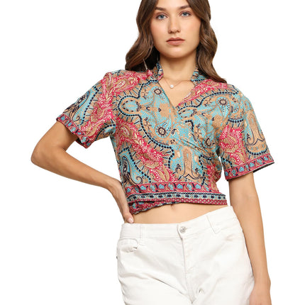 KE Kanha exportsWomen’s and Girls/Ladies Wrap Around Tops Beach wear Tunic Top V Neck Silk Casual Sleeve Printed Top Relaxed Fit Free Size