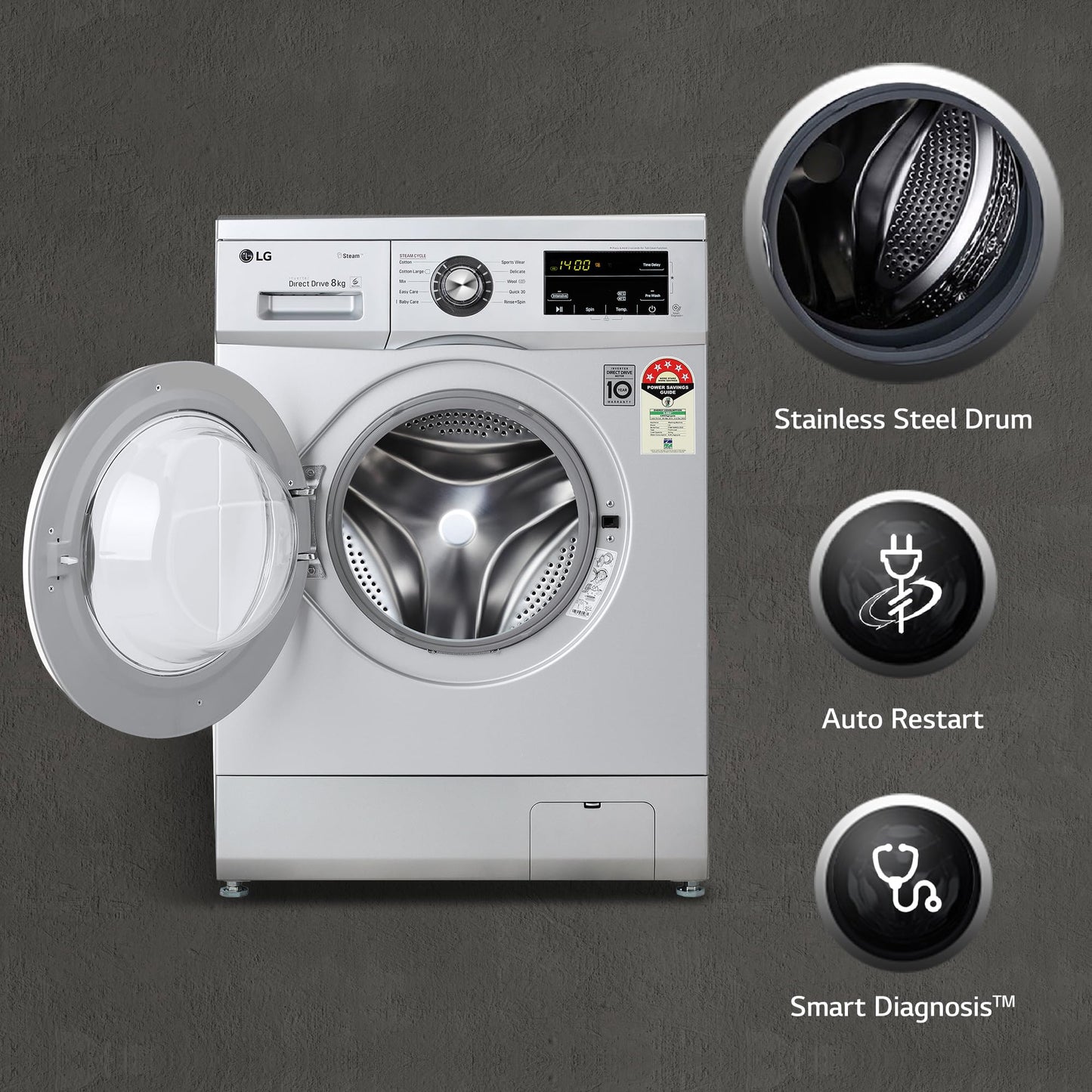 LG 6.5 Kg, 5 Star, Direct Drive Technology, Steam Wash, 6 motion DD, Smart Diagnosis, Fully Automatic Front Load Washing Machine (FHM1065SDW, Allergy Care, In-Built Heater, Touch Panel, White)