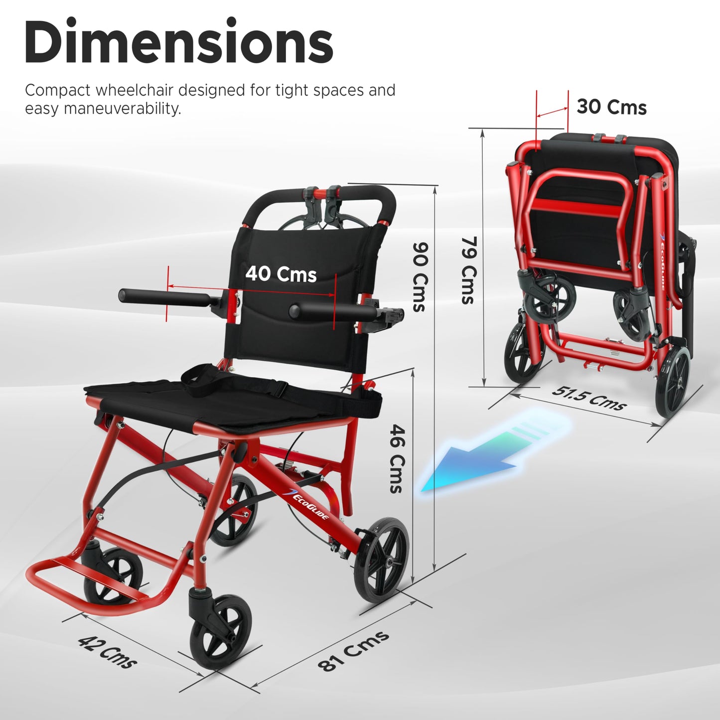 KosmoCare Dura Rexine Wheelchair | Self-Propelled & Attendant Use | Hammered Finish MS Frame | 24" Mag Wheels | Removable Footrests | Foldable Design | Comfortable Rexine Seat | Supports Up to 100 kg