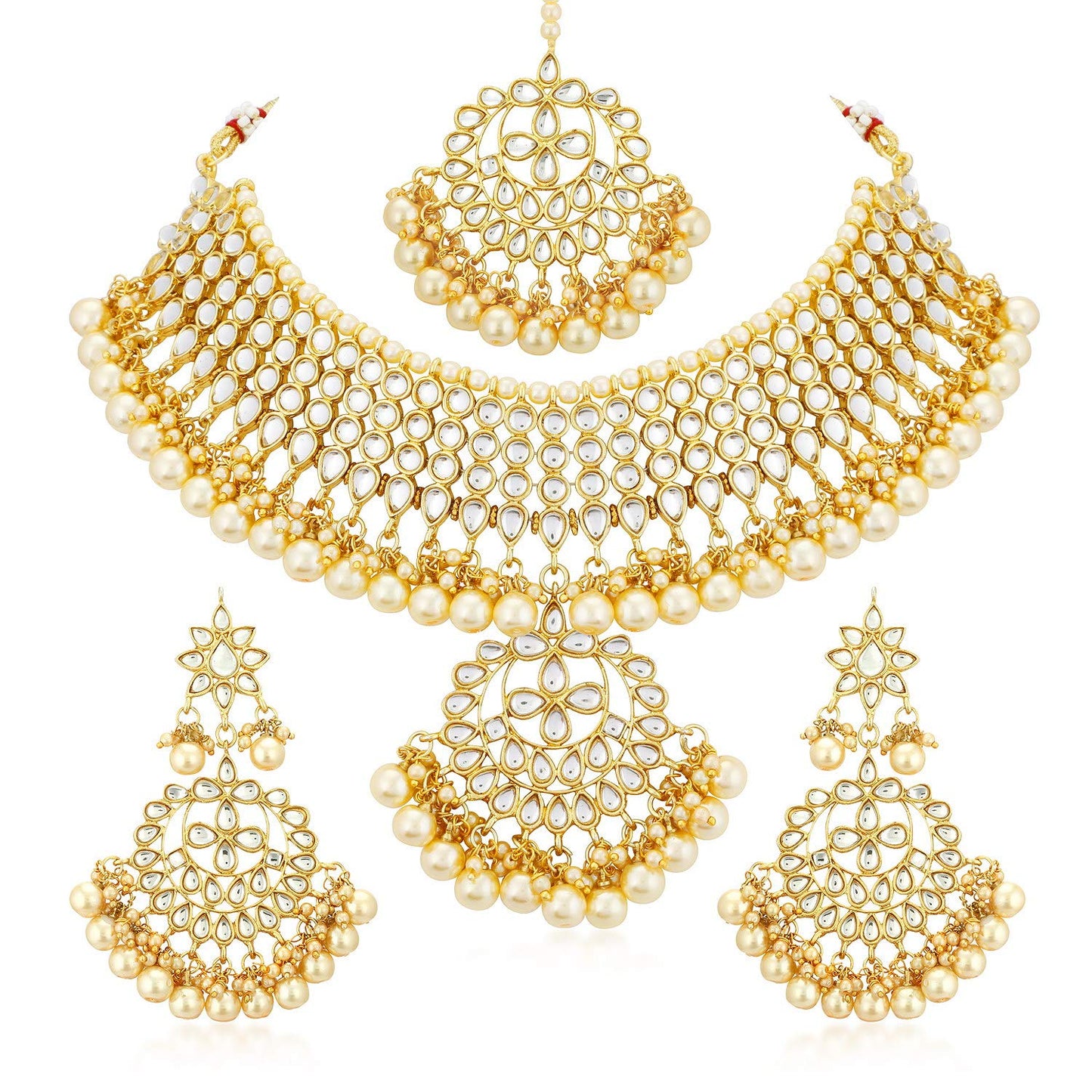 Sukkhi Trendy Kundan Gold Plated Pearl Choker Necklace Set with Dangler Earrings & Maangtikka for Women & Girls (N73544)