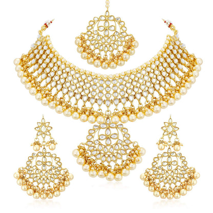 Sukkhi Trendy Kundan Gold Plated Pearl Choker Necklace Set with Dangler Earrings & Maangtikka for Women & Girls (N73544)