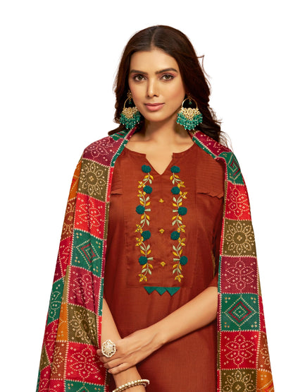 EthnicJunction Women's Embroidered Mirror Work Cotton Straight Salwar Kurta Dupatta Set