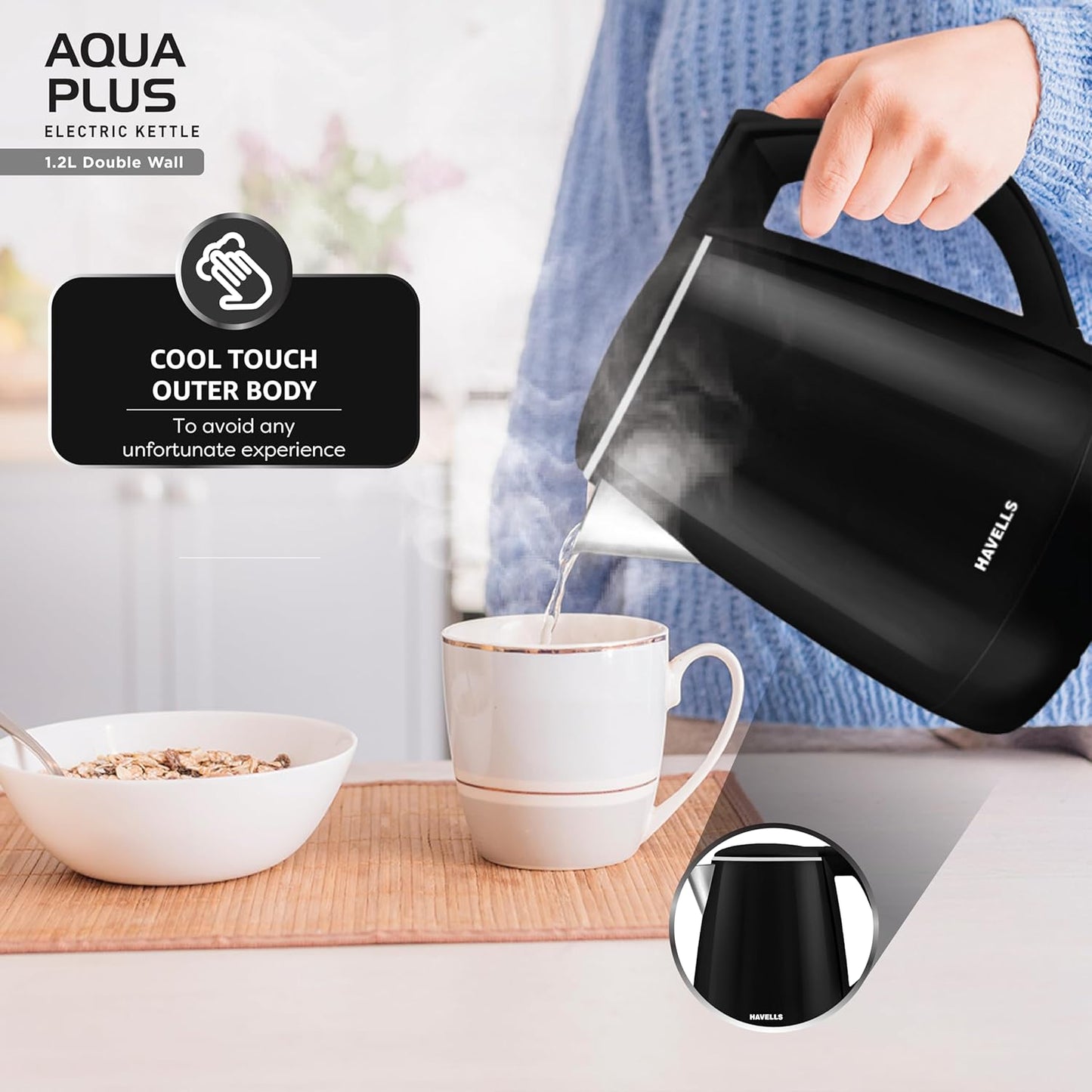 Havells Electric Kettle Aqua Plus 1250 Watts 1.2 liters , Double Layered Cool Touch Outer Body | 304 Rust Resistant SS Inner Body with Auto Shut Off | Wider Mouth | 2 Yr Manufacturer Warranty (Black)