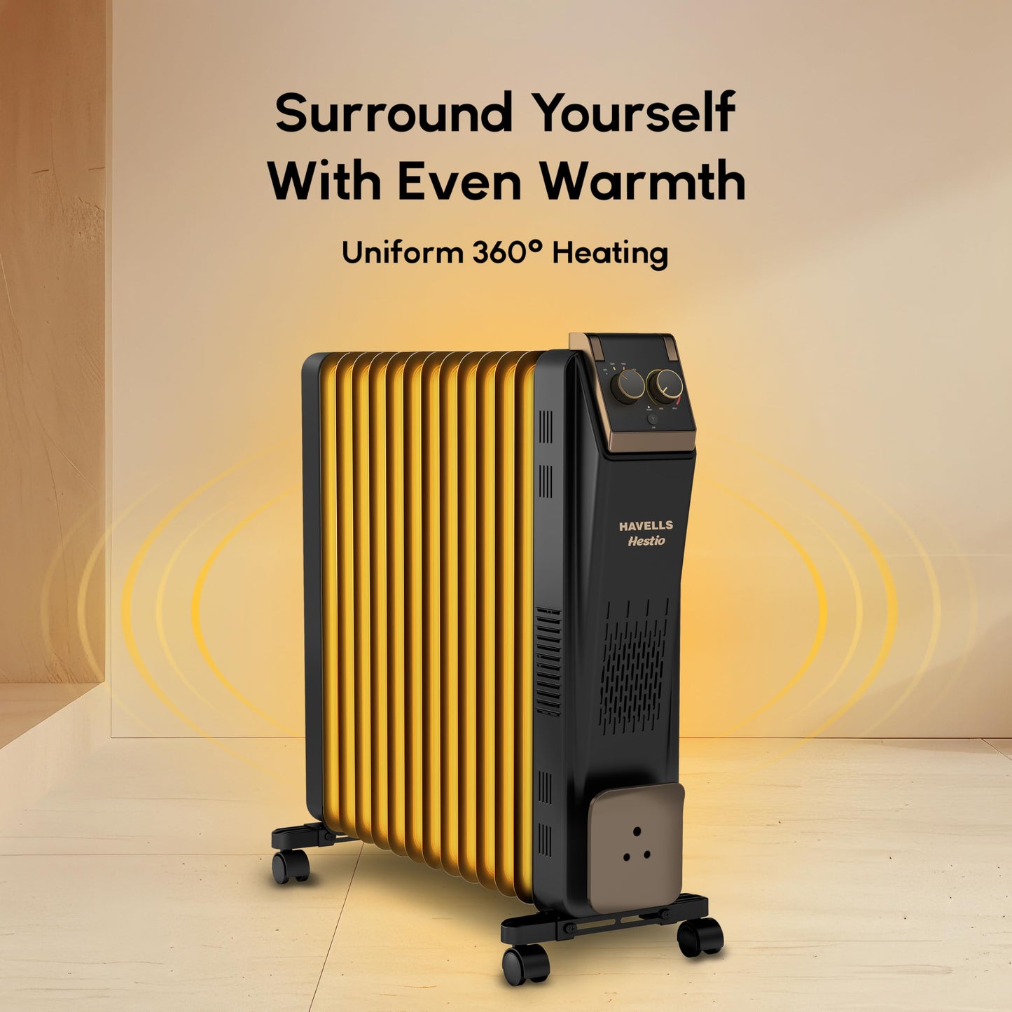 Havells 13 Fin Hestio Wave Fin OFR (Oil Filled Radiator)|Room Heater|2900 W|3 Heat Settings & PTC Fan Heater|Inclined Control Panel|Retractable Wheels| Comfortable Breathing|360° Heating (Black)