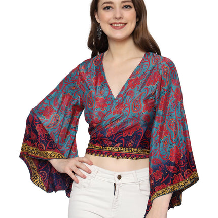 KE Kanha exportsWomen’s and Girls/Ladies Wrap Around Tops Beach wear Tunic Top V Neck Silk Casual Sleeve Printed Top Relaxed Fit Free Size