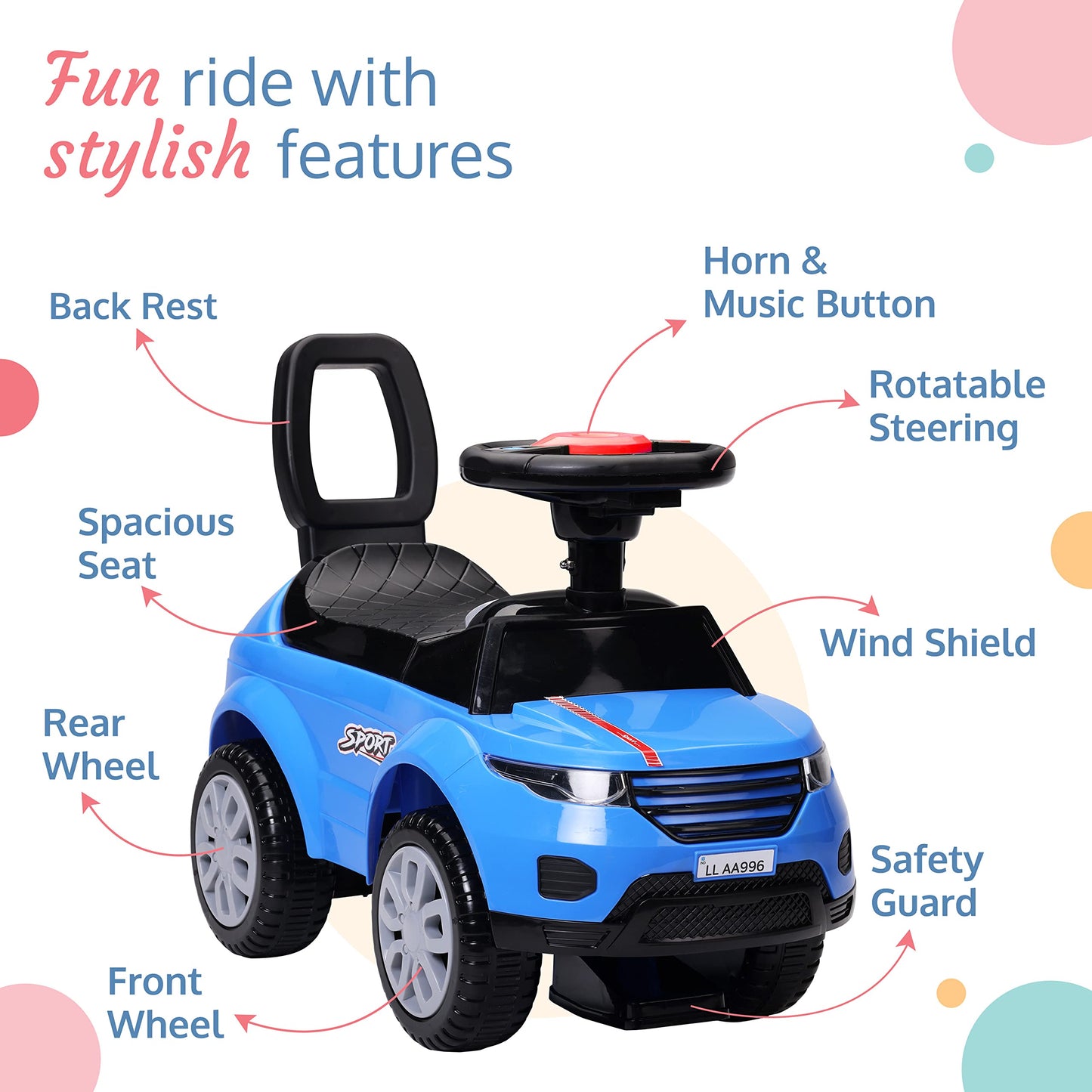 LuvLap Starlight Ride on & Car for Kids with Music & Horn Steering, Push Car for Baby with Backrest, Safety Guard, Under Seat Storage & Big Wheels, Ride on for Kids 1 to 3 Years Upto 25 Kgs (Orange)