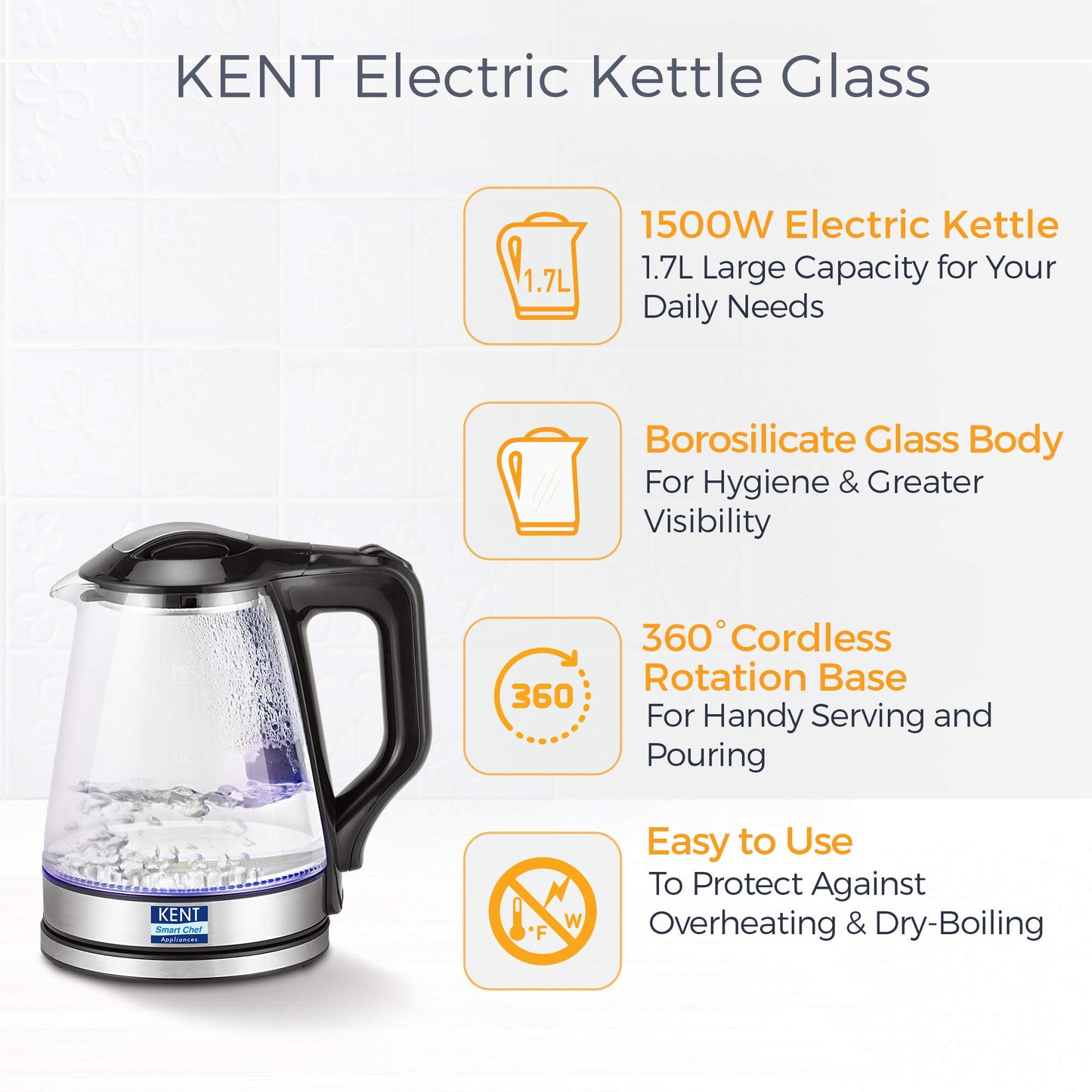 KENT Elegant Electric Glass Kettle (16052), 1.8L, Stainless Steel Heating Plate, Borosilicate Glass Body, Boil Drying Protection