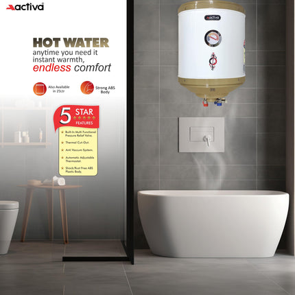 ACTIVA 2 KVA 25 L Storage Geyser ABS Top Bottom, 0.75 mm SS Tank with Temperature Meter Anti Rust Coated Body (IVORY) 