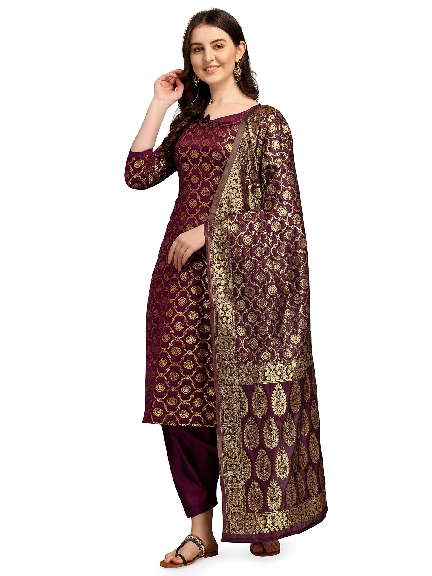 EthnicJunction Women's Woven Jacquard Banarasi Silk Blend Salwar Suit Material With Banarasi Dupatta