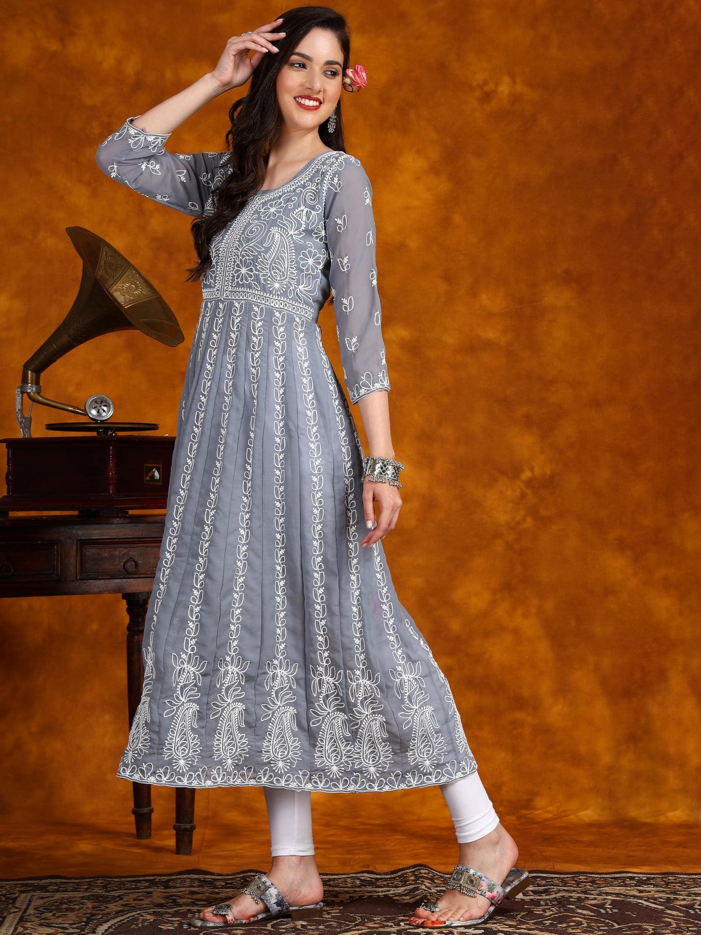 EthnicJunction Women's Lucknowi Chikankari Embroidered Thread Work Georgette Anarkali Kurta